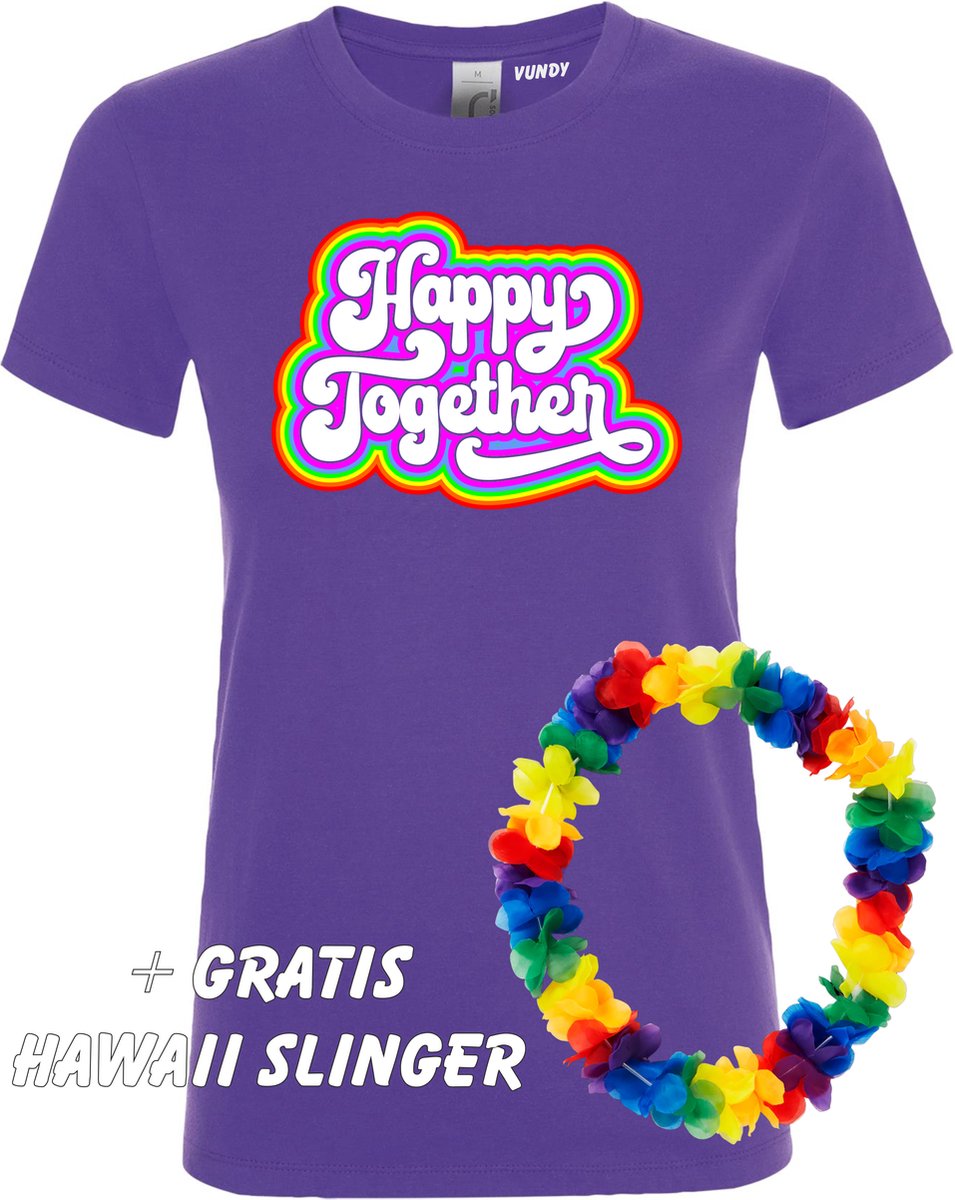 Dames t-shirt Happy Together Regenboog | Toppers in Concert 2022 | Toppers kleding shirt | Flower Power | Hippie Jaren 60 | Paars dames | maat L